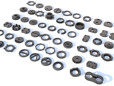 Industrial Equipment Parts Various Black Components Including Gears Washers Bearings And Connectors On White Background 3d model
