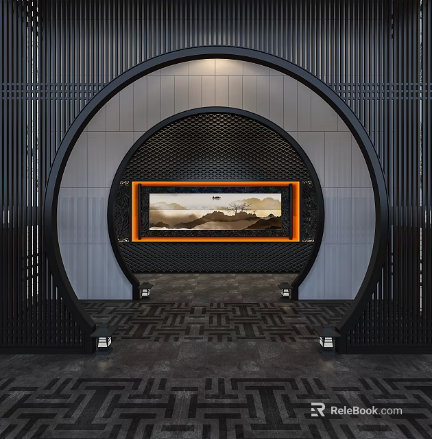 Black Perforated Archway With Orange Framed Landscape Painting On Grey Wall And Geometric Floor 3d model 