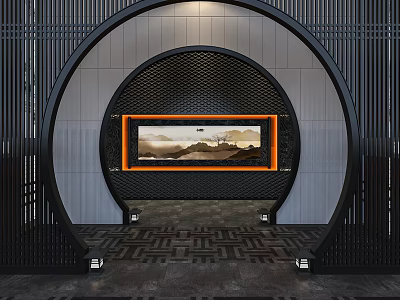 Black Perforated Archway With Orange Framed Landscape Painting On Grey Wall And Geometric Floor 3d model