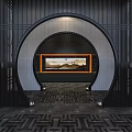 Black Perforated Archway With Orange Framed Landscape Painting On Grey Wall And Geometric Floor