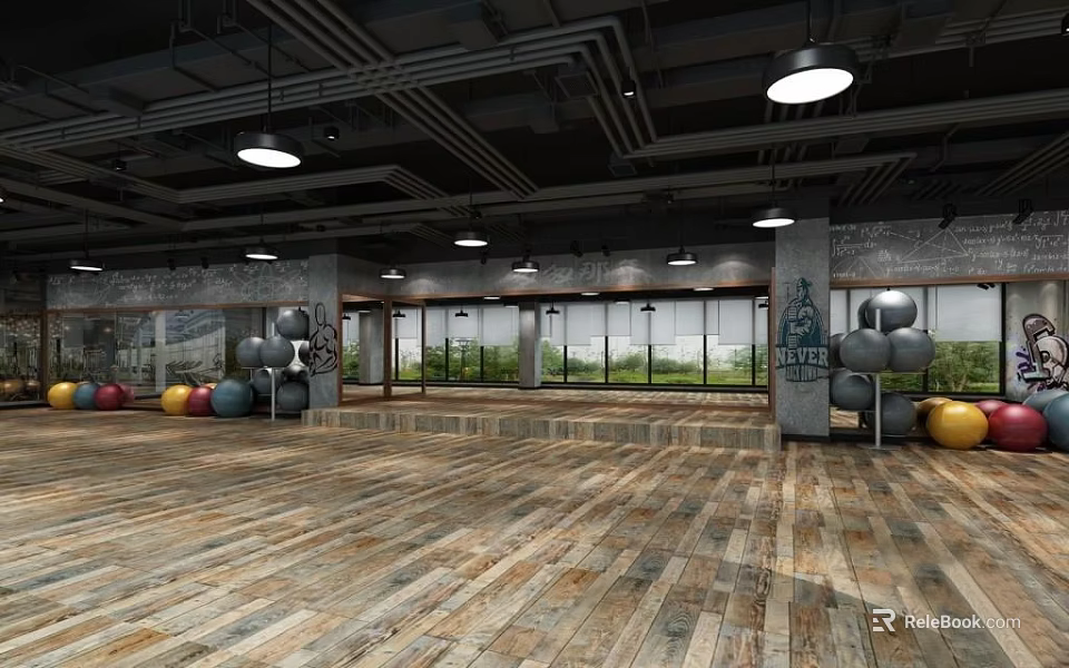 Fitness Gym Interior With Spacious Wooden Floor And Exercise Balls Training Area 3d model 