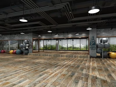 Fitness Gym Interior With Spacious Wooden Floor And Exercise Balls Training Area 3d model