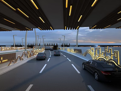 Modern Bridge Night View with Cars on Road and Side Illuminated Decorations 3d model