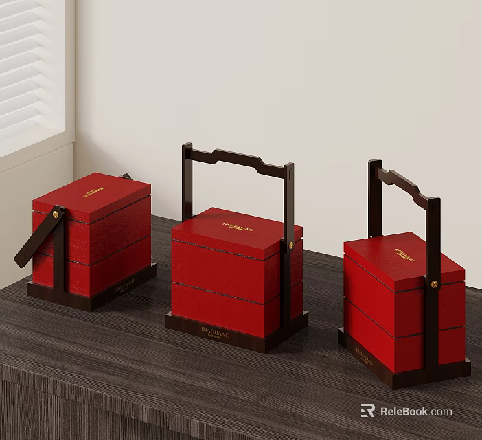 Traditional Red Chinese Food Boxes With Black Handles And Golden Characters On Dark Table 3d model 