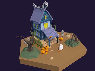 Cartoon Halloween Scene With Blue House Purple Roof Pumpkin Lanterns Withered Trees And Gravestones 3d model