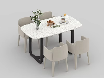 Modern Dining Table With Speckled White Top Black Legs And Beige Chairs With Decorative Plants 3d model