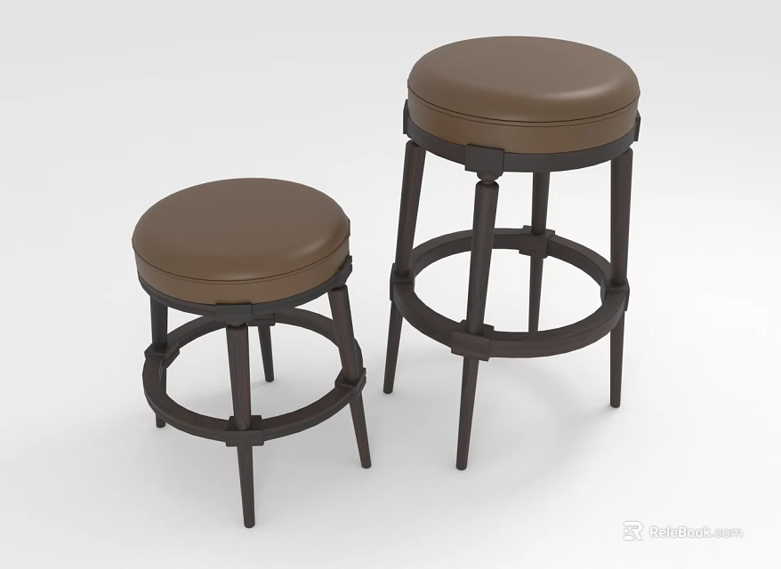 Modern Brown Leather Bar Stools With Dark Wooden Legs And Round Seats 3d model 