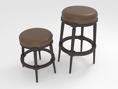 Modern Brown Leather Bar Stools With Dark Wooden Legs And Round Seats 3d model