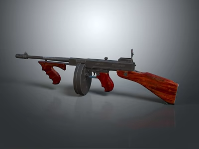 Vintage Submachine Gun With Wooden Stock Grip Metal Body And Drum Magazine Design 3d model