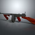 Vintage Submachine Gun With Wooden Stock Grip Metal Body And Drum Magazine Design