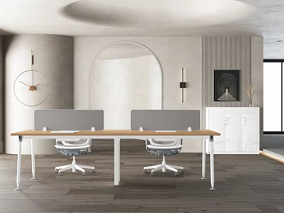 Modern Office Desk With Wooden Tabletop Gray Partitions And White Chairs In Open Office 3d model