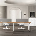 Modern Office Desk With Wooden Tabletop Gray Partitions And White Chairs In Open Office