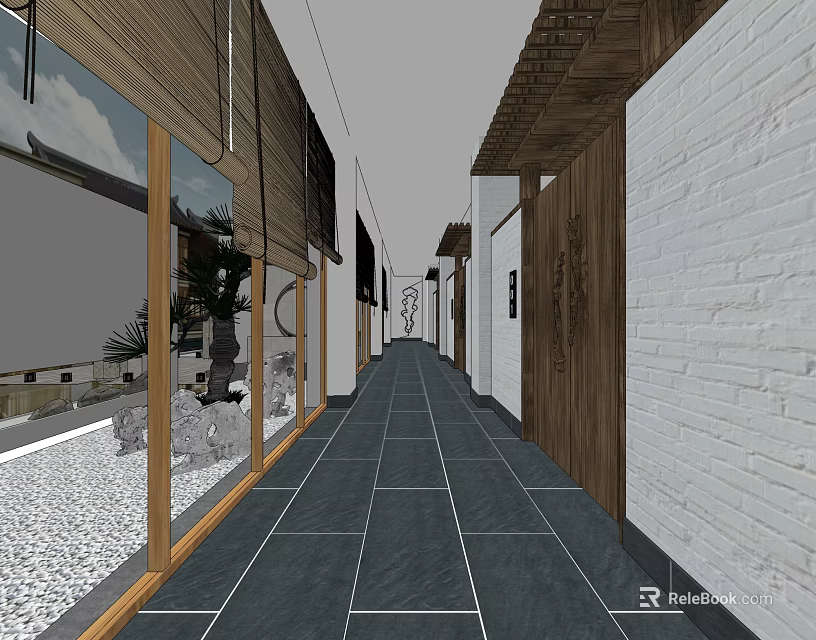 Modern Elevator Hallway With Dark Tiled Floor Wooden And White Wall Design 3d model 