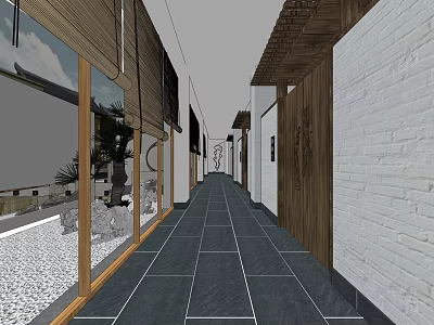Modern Elevator Hallway With Dark Tiled Floor Wooden And White Wall Design 3d model