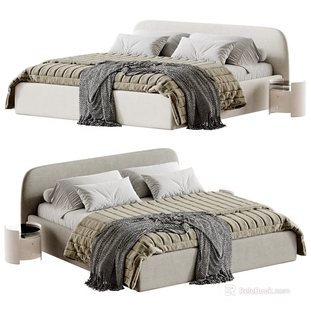 Modern Double Bed Design With Striped Bed Sheets Gray Blanket And White Pillows 3d model 
