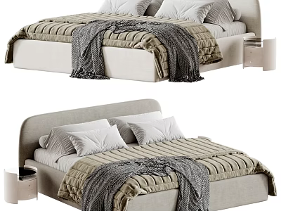 Modern Double Bed Design With Striped Bed Sheets Gray Blanket And White Pillows 3d model