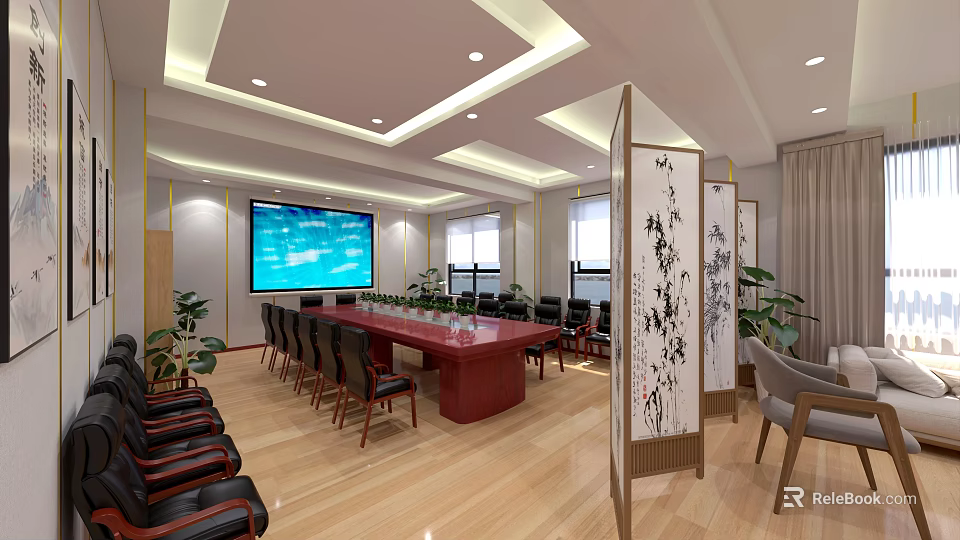 Modern Conference Room With Large Screen Ink Painting Screens Wooden Flooring And Indoor Plants 3d model 