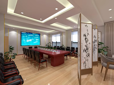 Modern Conference Room With Large Screen Ink Painting Screens Wooden Flooring And Indoor Plants 3d model