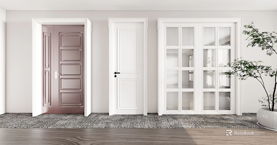 Stylish Interior Swing Doors in Brown and White with Glass Panel Design 3d model 