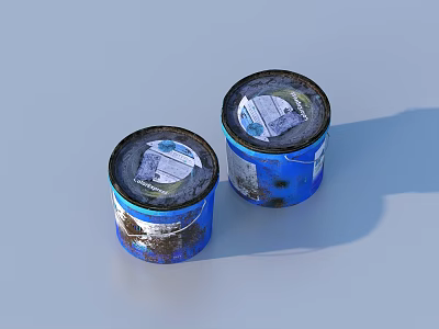 Two Blue Worn And Stained Buckets With Black Lids For Household Use 3d model
