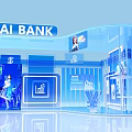 Futuristic AI Bank Interior Design Featuring Virtual Assistant Digital Screens And Financial Icons