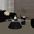 Black Leather Sofa and Coffee Table Set with White Flower Green Plants and Wooden Blinds