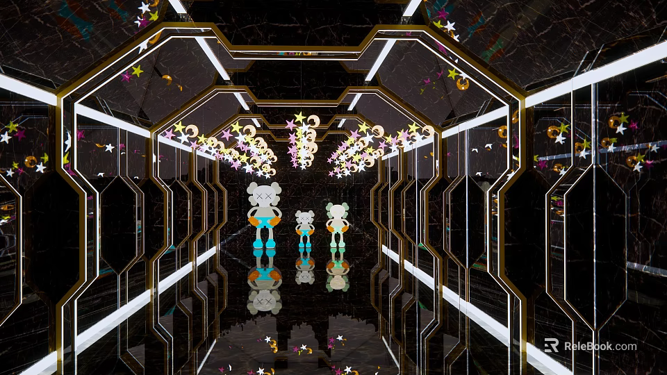 KTV Corridor with Mirrored Walls Star Decorations Neon Lights and Reflective Floor 3d model 