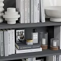 Stylish Decorative Ornaments Set With Ceramic Bowl Sculptural Decor And Books On Shelf