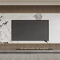 Elegant Modern TV Wall Design With Marble Texture Wooden Strips And Fireplace