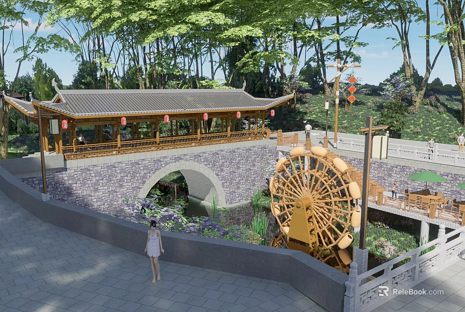 Scenic Traditional Chinese Park Landscape With Pavilion Waterwheel Stone Bridge Trees And Lanterns 3d model 