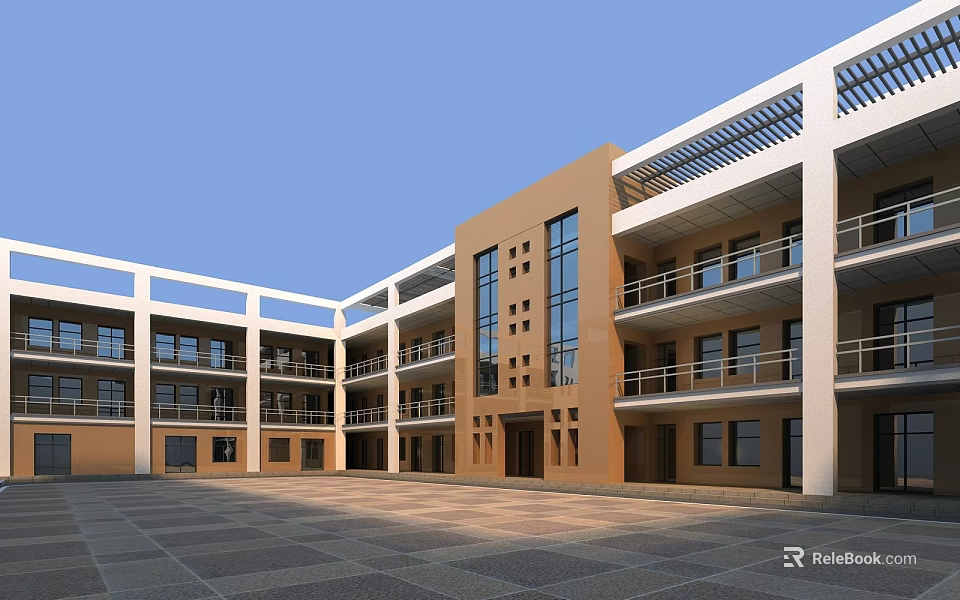School Building Exterior Featuring Multi Story Design Open Balconies Large Windows And Paved Plaza 3d model 