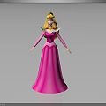 Woman In Pink Long Dress With Blonde Hair Standing On Gray Background