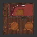 Vintage Tavern Interior With Red Walls Arched Windows Red Banquettes Round Wooden Tables And Barrels