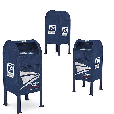 Garden Decor Blue Mailboxes With USPS Logo And Vintage Decorative Design 3d model