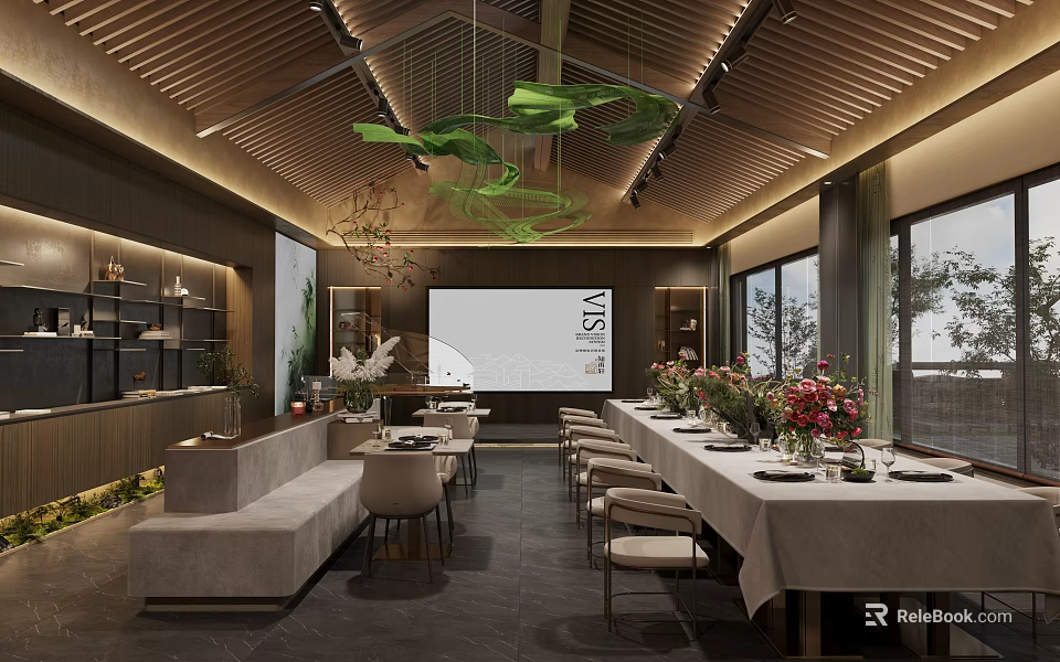 Modern Cafe Interior Design With Long Dining Table Green Pendant Lights And Large Windows 3d model 
