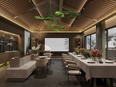 Modern Cafe Interior Design With Long Dining Table Green Pendant Lights And Large Windows 3d model