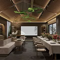 Modern Cafe Interior Design With Long Dining Table Green Pendant Lights And Large Windows