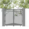 Modern Courtyard Garden Entrance Design With Metal Gate White Walls And Green Trees