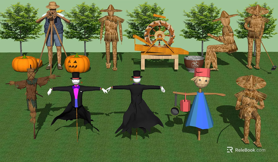 Agricultural Equipment Display Featuring Scarecrows Windmill Pumpkins And Trees On Green Grass 3d model 