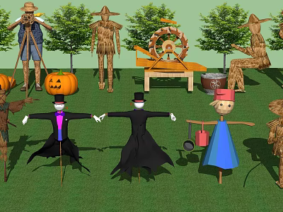 Agricultural Equipment Display Featuring Scarecrows Windmill Pumpkins And Trees On Green Grass 3d model