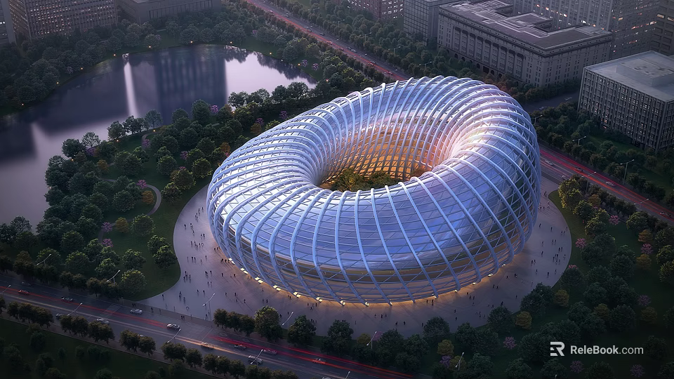 Aerial Planning For Modern Circular Stadium With Glass Facade Surrounded By Greenery Water And Roads 3d model 