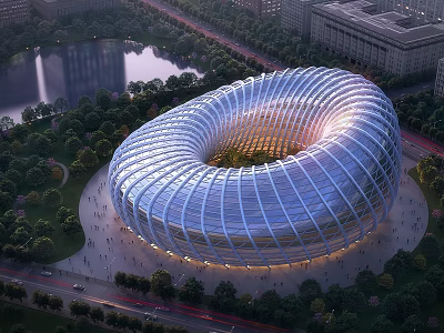 Aerial Planning For Modern Circular Stadium With Glass Facade Surrounded By Greenery Water And Roads 3d model