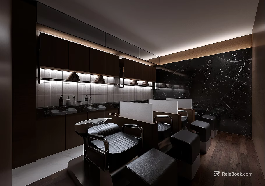 Luxurious Beauty Hair Salon Interior With Dark Cabinets Marble Walls And Modern Lighting 3d model 