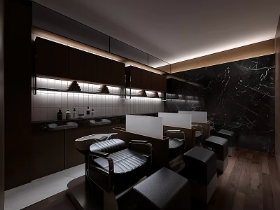 Luxurious Beauty Hair Salon Interior With Dark Cabinets Marble Walls And Modern Lighting 3d model