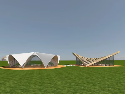 Modern Geometric Buildings With Curved And Angular Roofs On Green Lawn 3d model