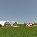 Modern Geometric Buildings With Curved And Angular Roofs On Green Lawn
