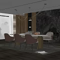 Modern Open Restaurant Interior Featuring Dining Table Chairs Stone Wall Pendant Lights And Large Windows 3d model