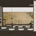 Traditional Tea Room With Bamboo Patterned Wallpaper Shoji Doors Low Table Round Cushions And Hanging Lanterns