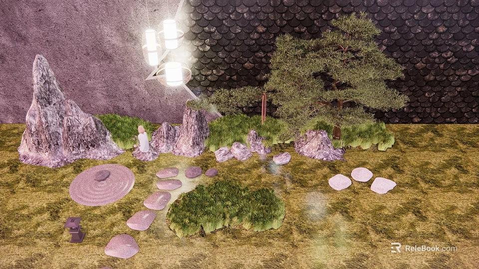 Serene Garden Landscape Featuring Rock Formations Pine Tree Circular Sand Pattern And Stone Stepping Path 3d model 