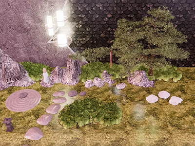 Serene Garden Landscape Featuring Rock Formations Pine Tree Circular Sand Pattern And Stone Stepping Path 3d model